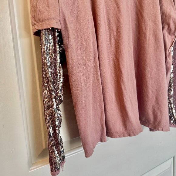 Free People Nellie Twofer Mauve Pink Oversized Sequin Long Sleeve Tee Tunic XS - Picture 7 of 16